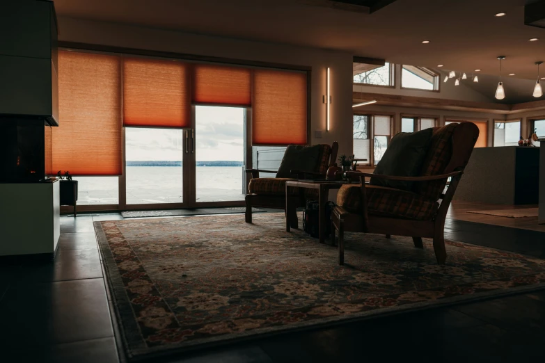 a living room with a rug on the floor, a chair and window covered in brown blinds