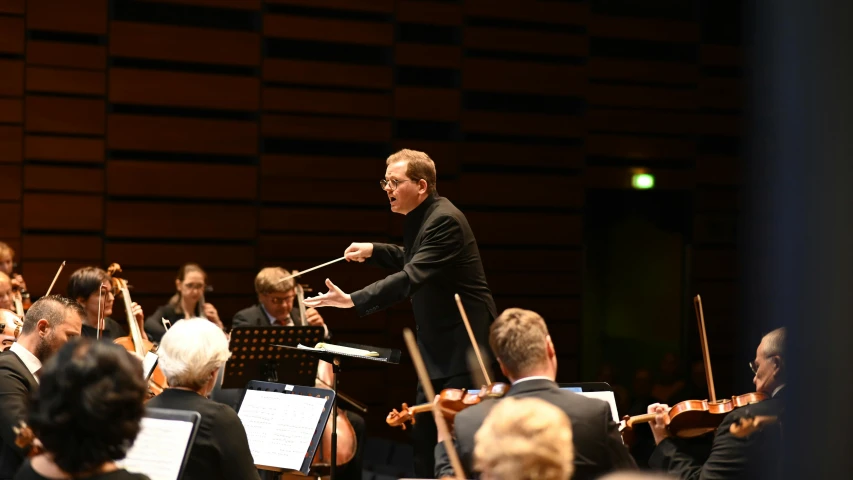 conductor and musicians in an orchestra performing