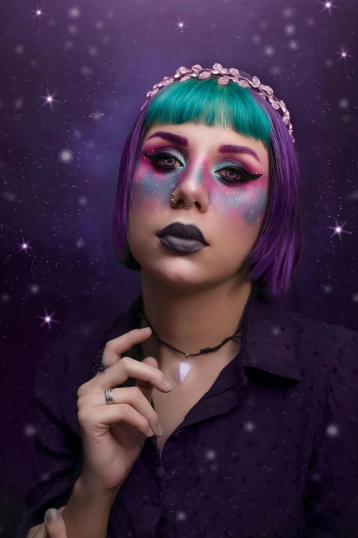 this is a po of a girl with purple and green hair