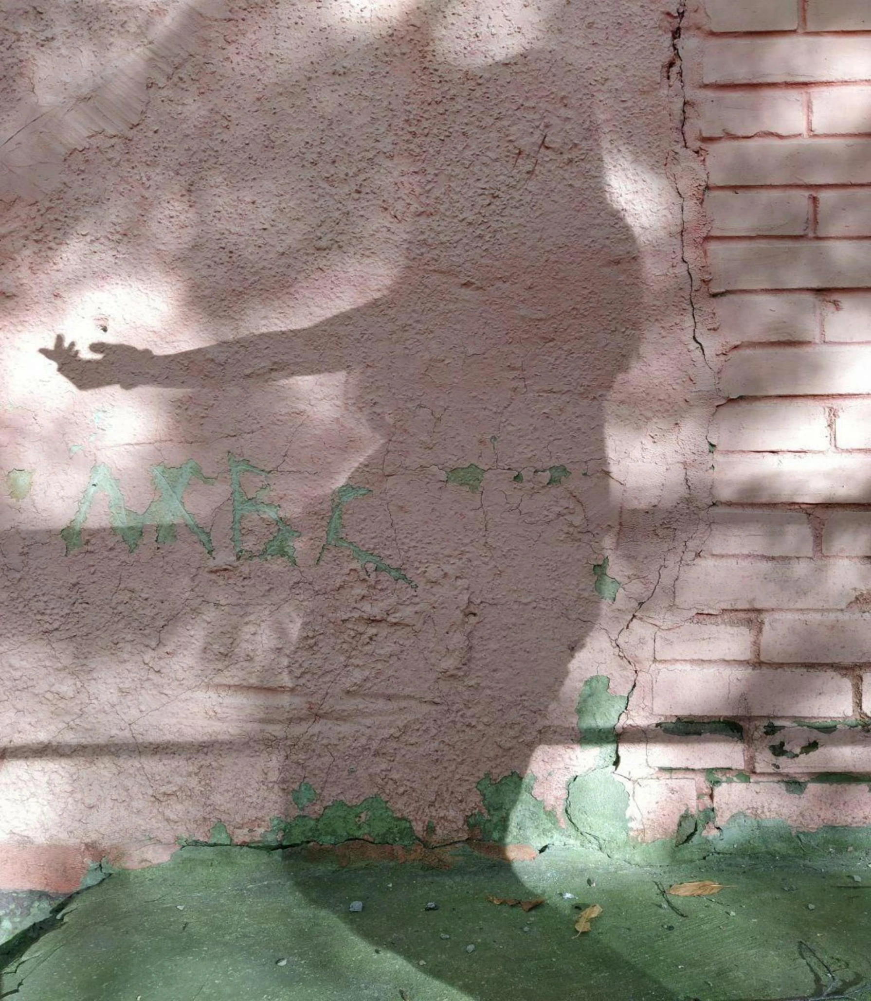 a shadow of a person on a pink wall pointing towards the left