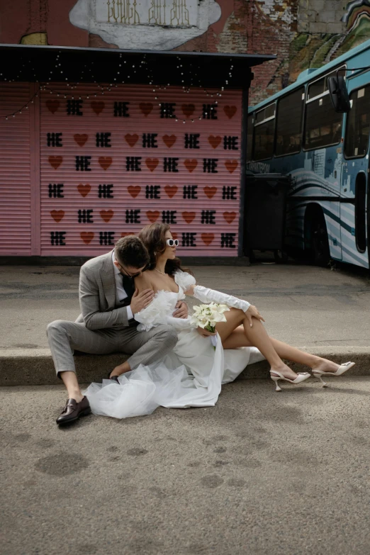 the newly married couple have their picture taken