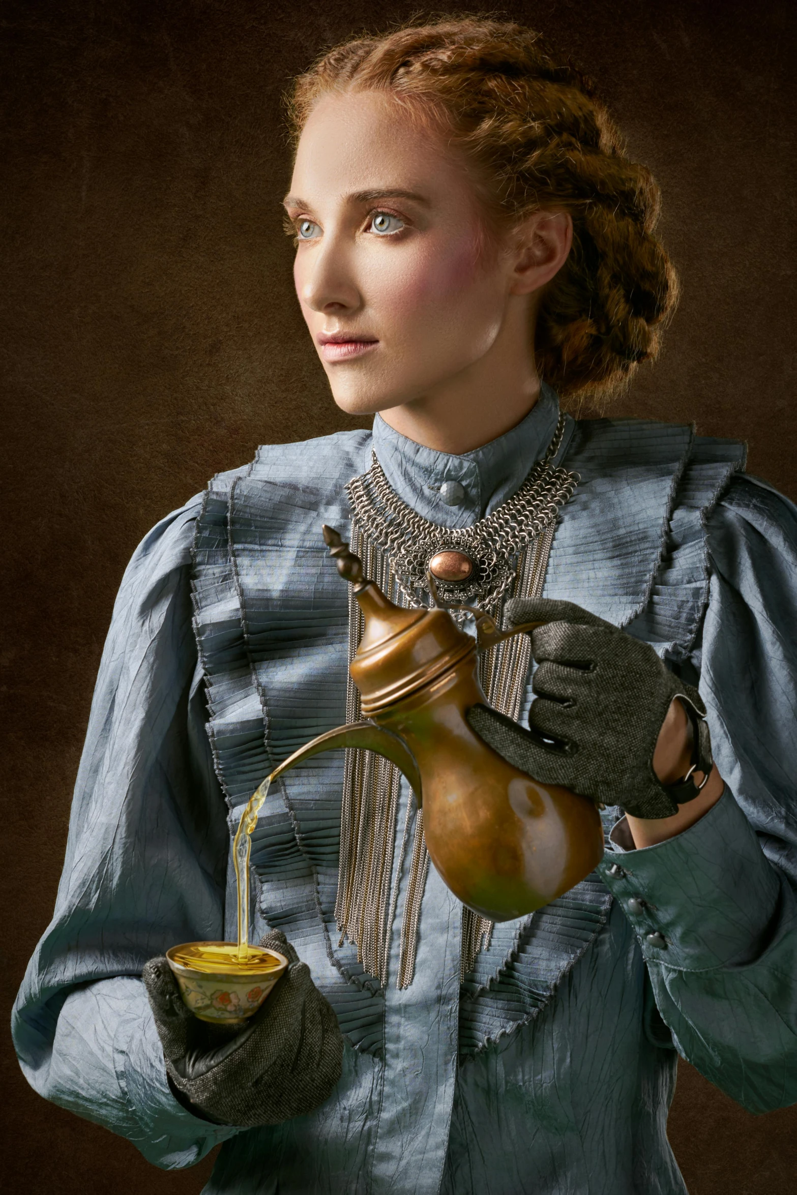 a woman is pouring some syrup into her tea pot