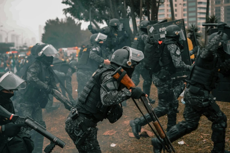 a protest with police and police men on the street