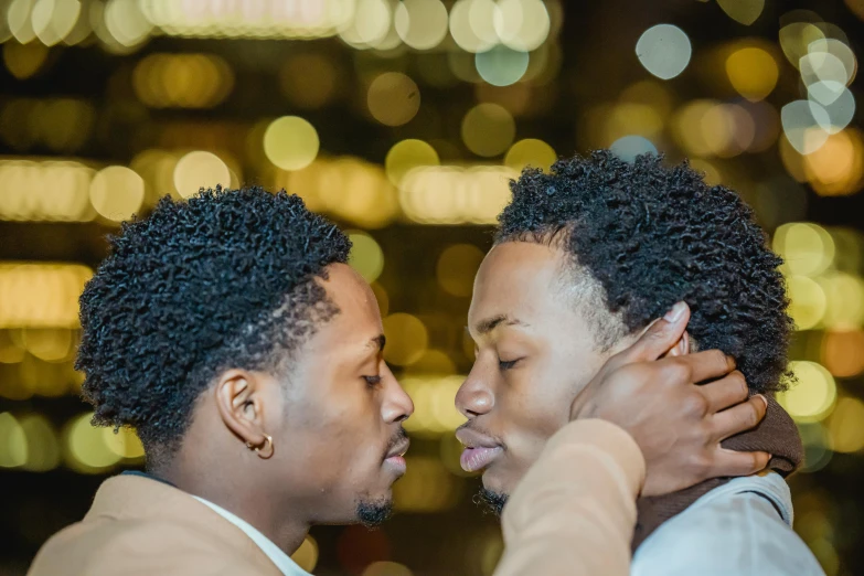 a young man is telling another woman soing with her tongue