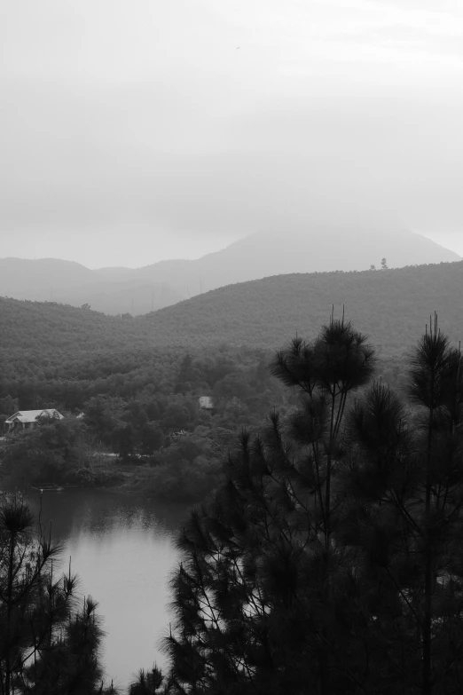 a lone plane flies over a lake on an overcast day