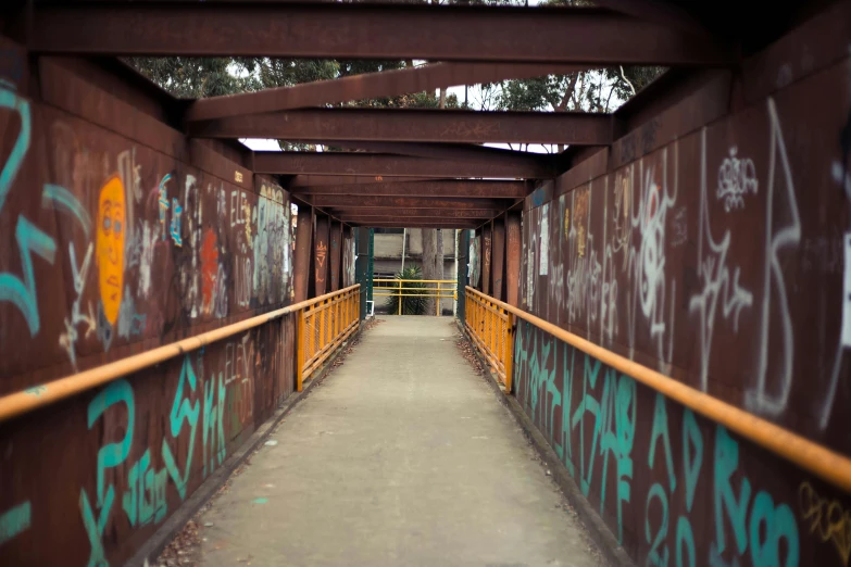 a narrow wooden bridge with graffiti all over it