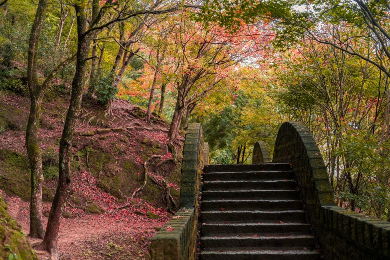 stairs are next to an artificial stone wall