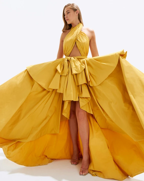 the woman is posing in a yellow gown