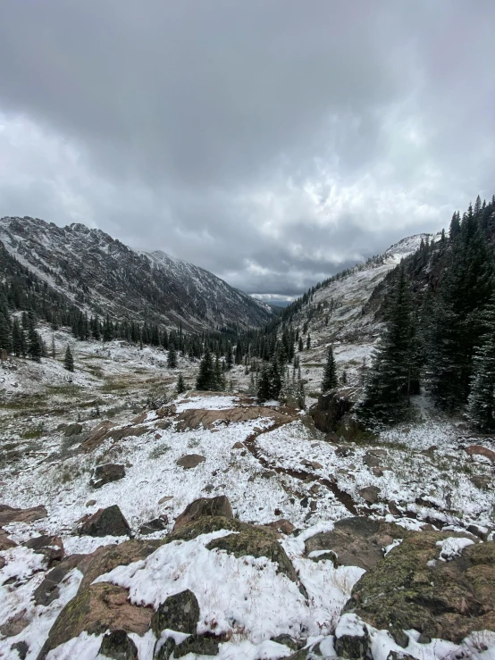 a view of a valley with lots of snow on it