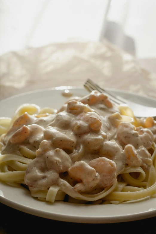 the plate is full of cooked noodles with sauce