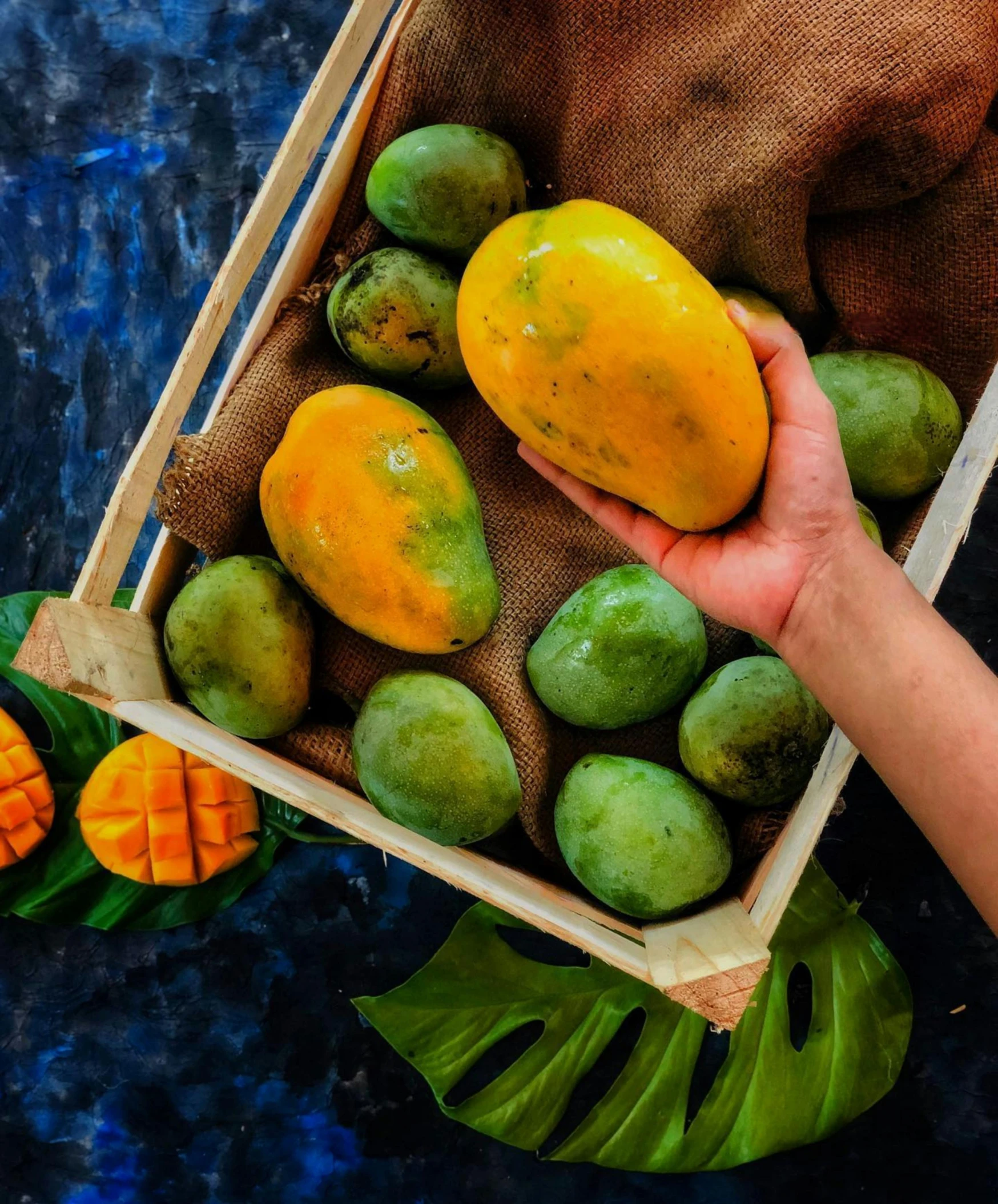 a person holding two mangoes, one is yellow and the other is green