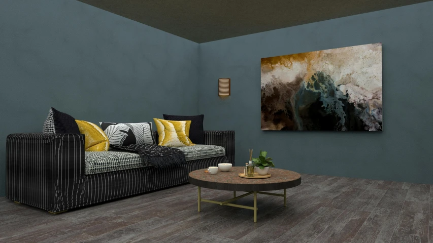 a small living room with modern art in the wall