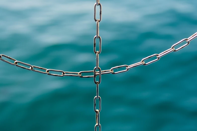 a metal boat is docked with chains