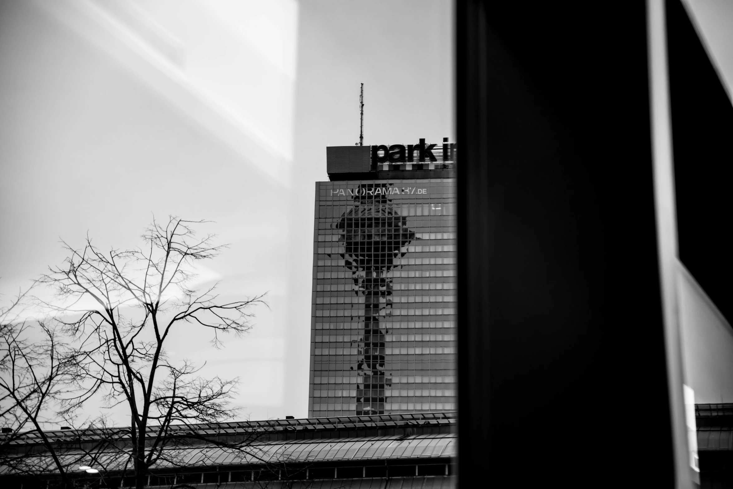 a view of an office building through windows