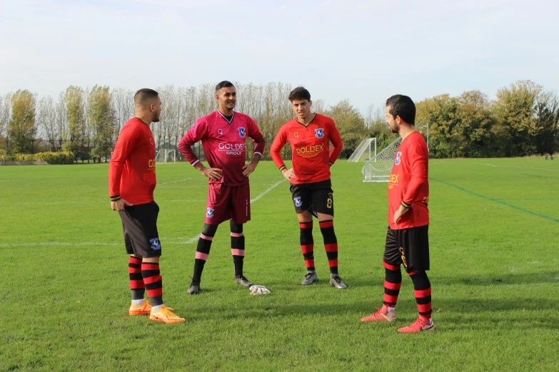 four people standing on the grass wearing soccer uniforms