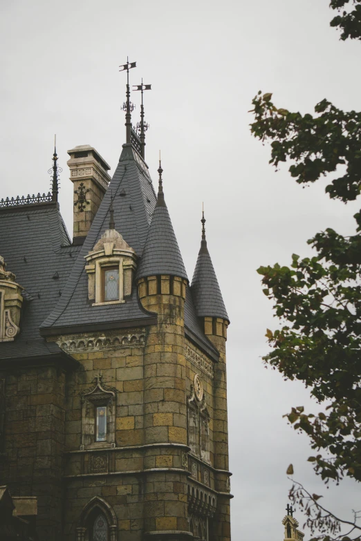 a stone castle with a pointy roof and two towers