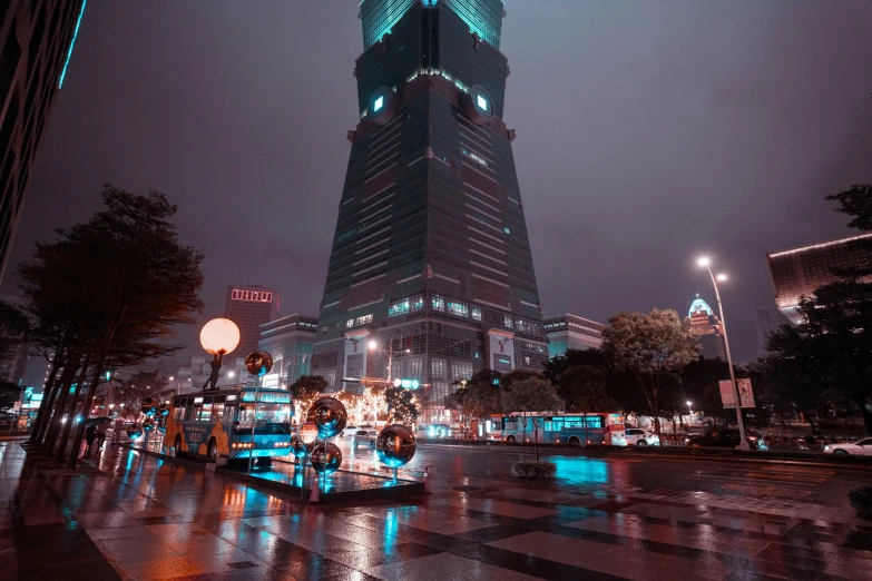 a night time image shows a building and its lights