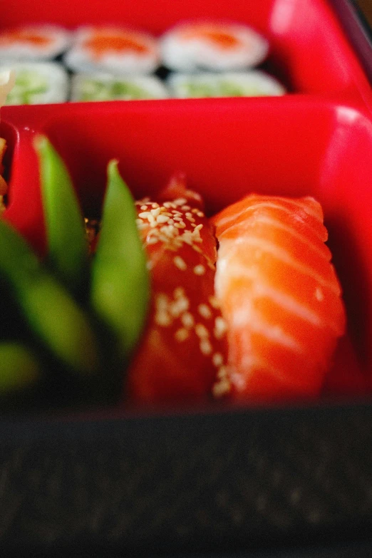 sushi and other ingredients in the container are arranged