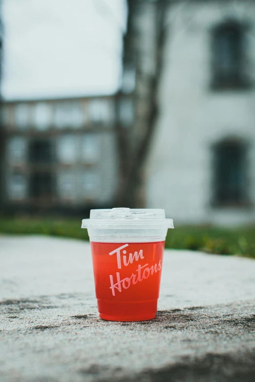 a cup of tea sits on a curb next to the grass