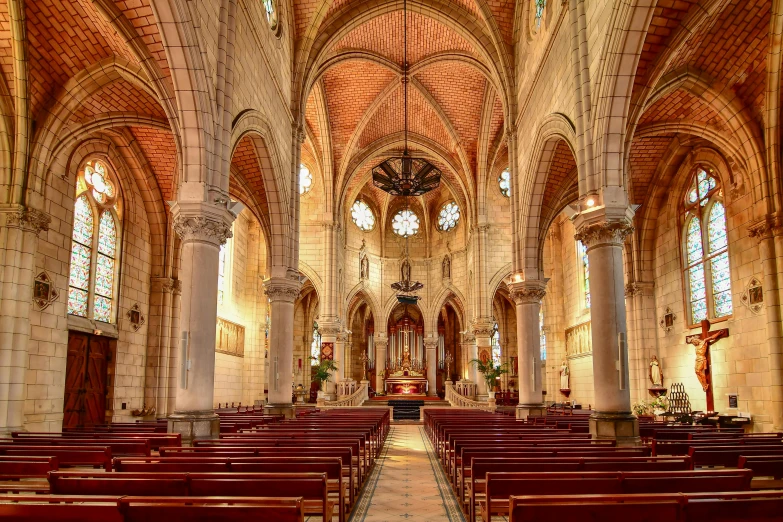 a wide view of a large church with vaulted ceiling