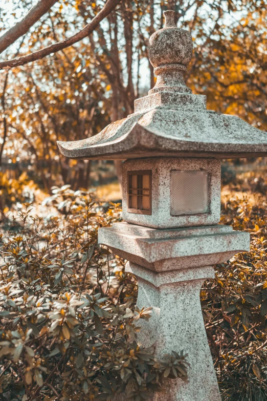 a small pagoda is in the middle of a forest