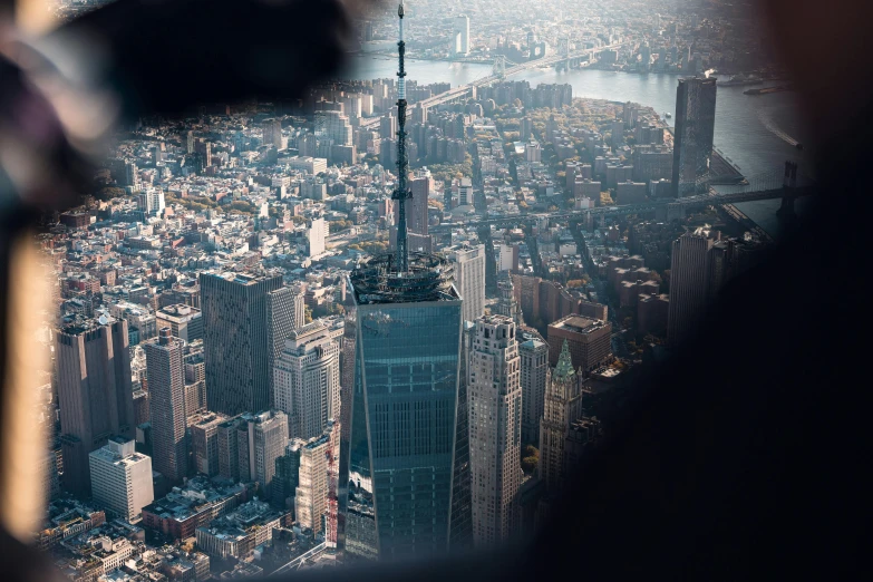 view from a plane looking down into the city