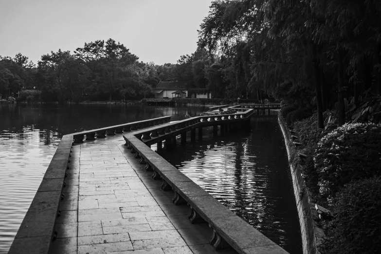 a black and white po of a park and waterway