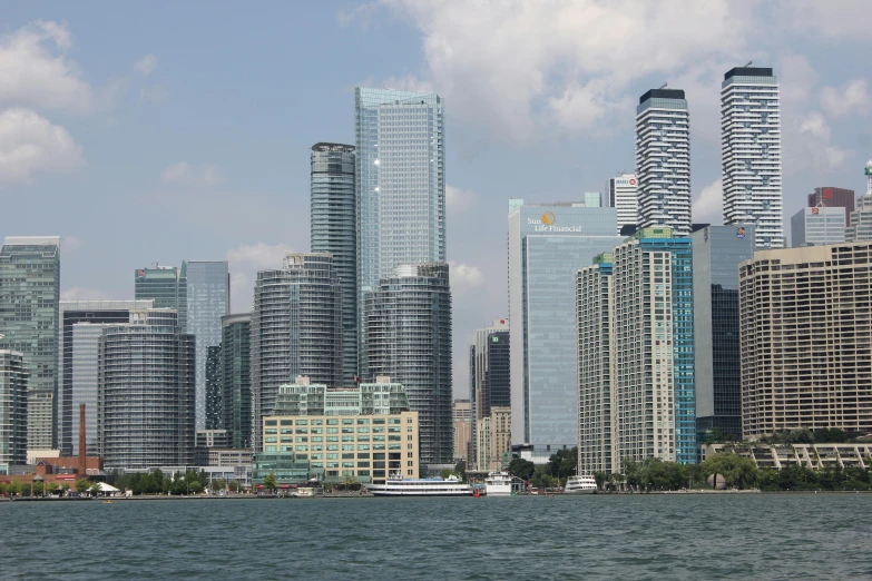 a city skyline with tall buildings on the waterfront