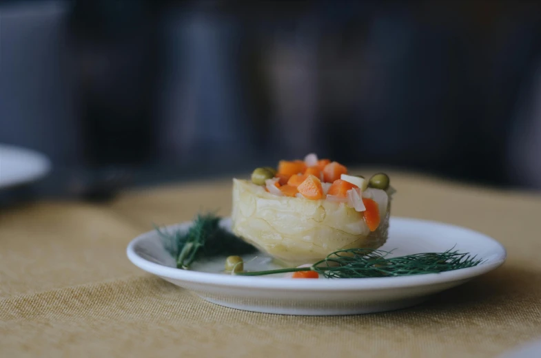 a small white plate topped with food on a table