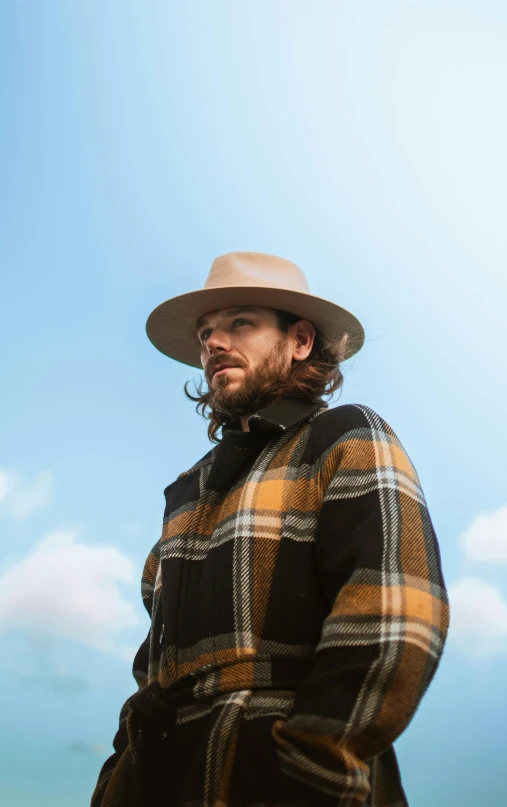 a man in hat and coat looking away from the camera