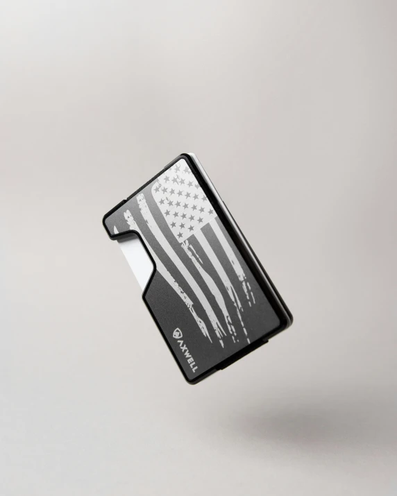 a black wallet has an american flag on it