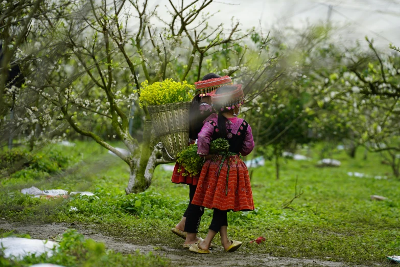 two women carry flowers on their heads in the countryside