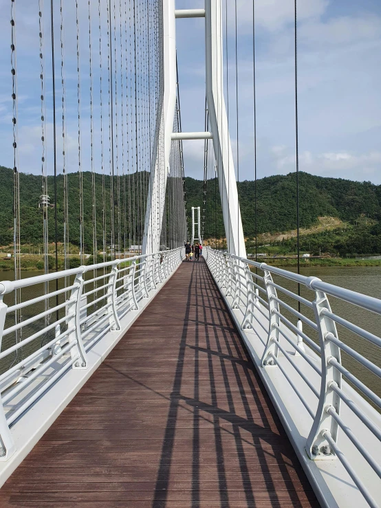 a white bridge with several hanging cords across it