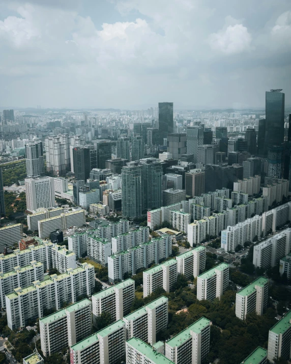 a city from a bird's eye view with lots of tall buildings