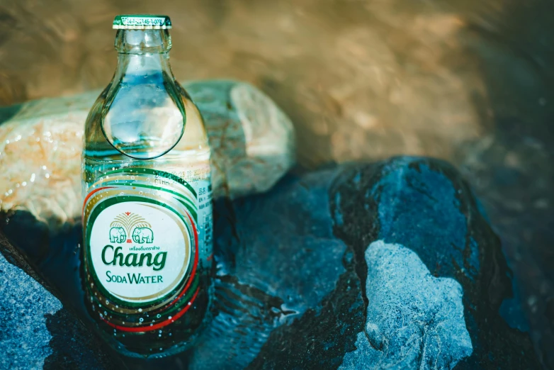 a bottle of bottled water sitting on top of a rock