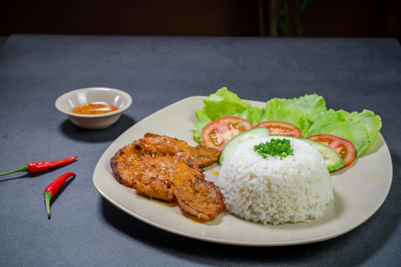 plate with rice, chicken and lettuce and sauce on a table