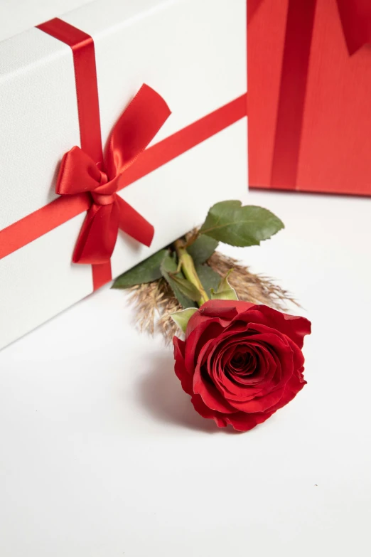 a red rose next to a white gift box