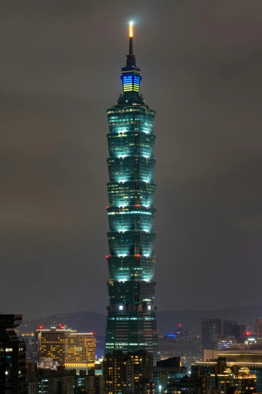 tall tower lit up in the night with colorful lights