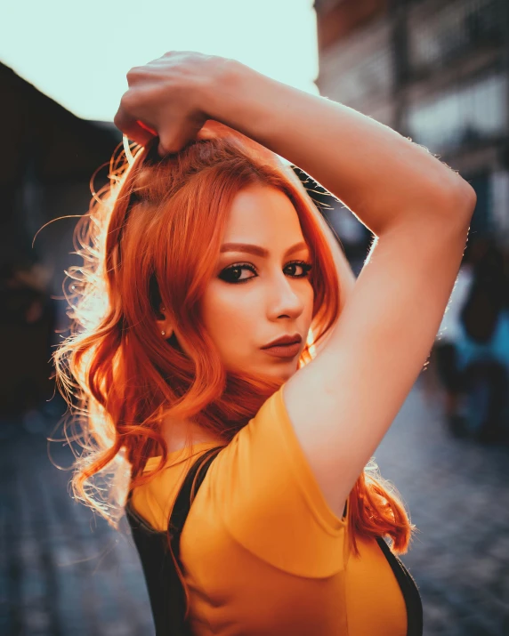 a close up of a person with red hair