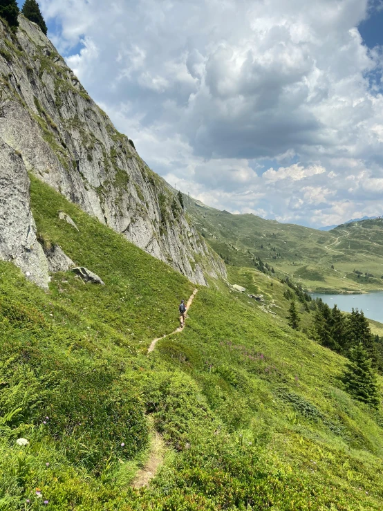 a person walking up a grassy hill next to a river