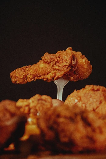 a fried meat piece on top of a spoon