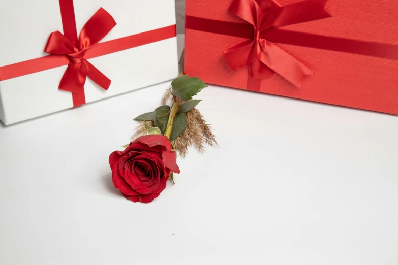 a red rose that is laying on some boxes