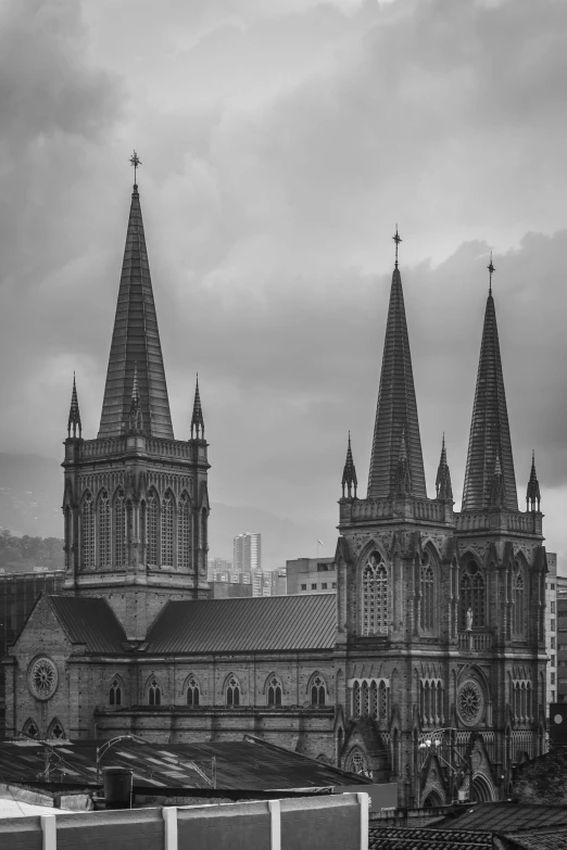 an old po of two towers with crosses on them