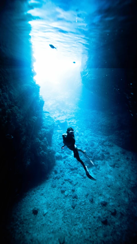 the light shines through a window to meet a scuba diver
