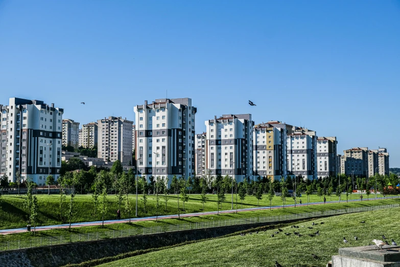 a grassy field with buildings in the background