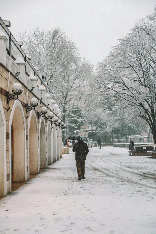 a man with an umbrella walking down the snow covered street