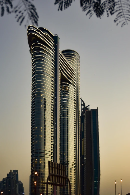 a po looking at some tall buildings