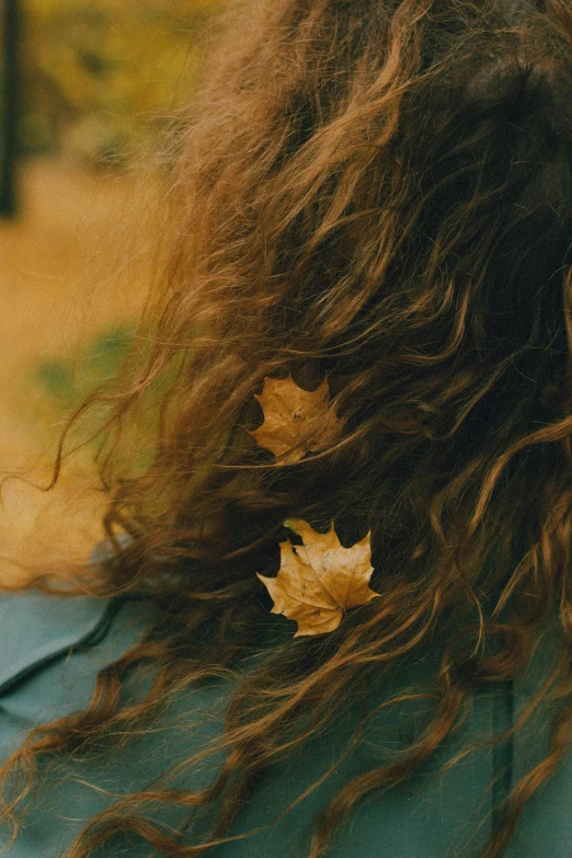 a long haired woman has some leafs in her hair