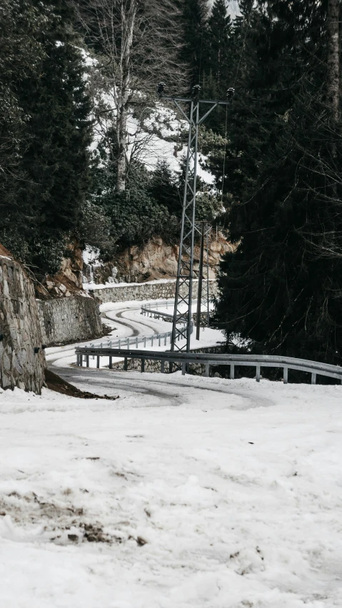 an image of a snowy road near a forest