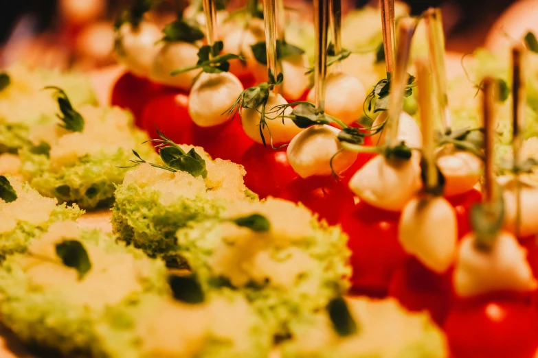 a table topped with lots of food covered in toppings